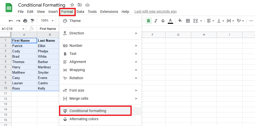 Navigate to Format > Conditional formatting