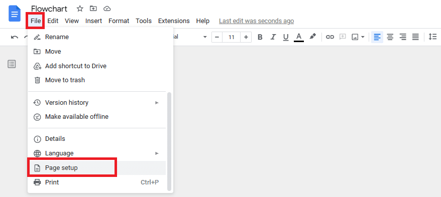 Navigate to page setup