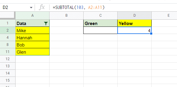 Now we can use our SUBTOTAL formula =SUBTOTAL(103, A2:A11). The results will be 4.