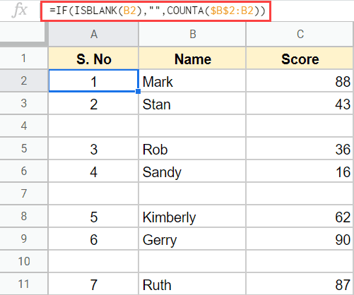 Numbering rows with formula when there are blank cells