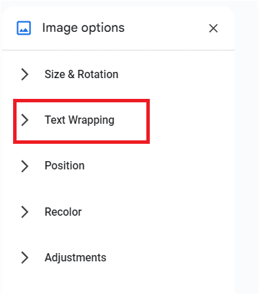 On the image option side menu, click on the drop-down for text wrapping.