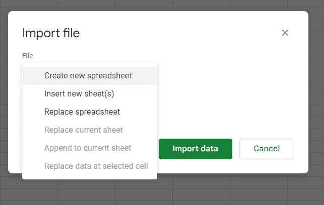 Once the file is done uploading choose either to replace spreadsheet or create new spreadsheet then click Import data.