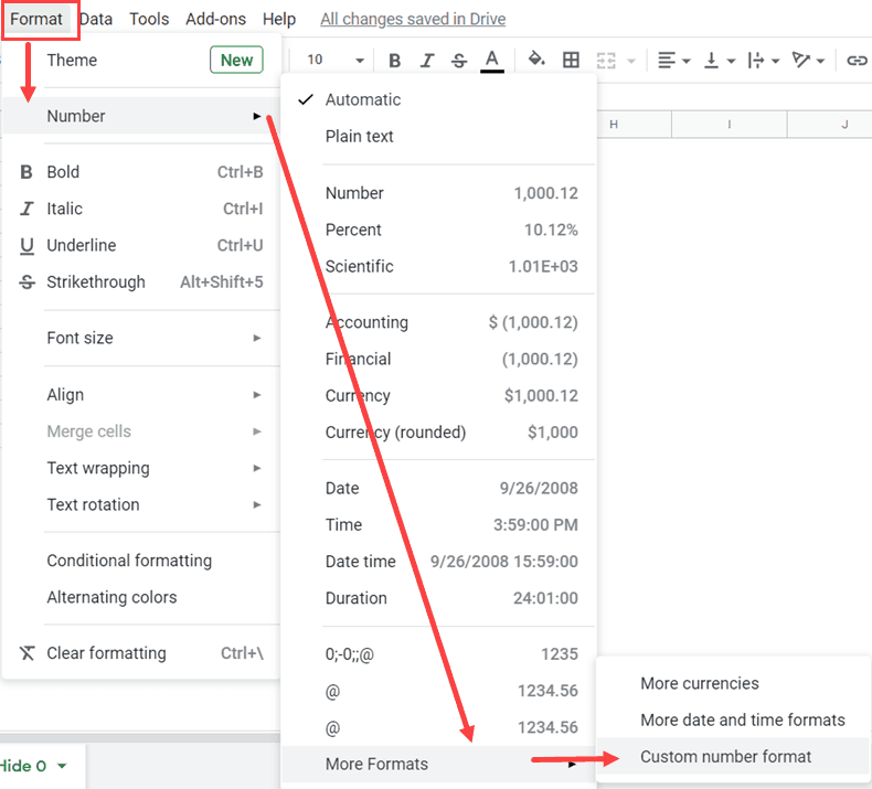 Open the Custom Number formatting option in Google Sheets