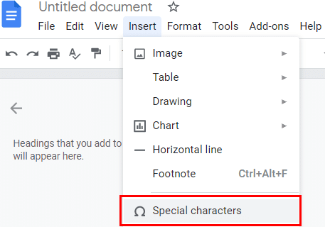 Open the Special characters menu