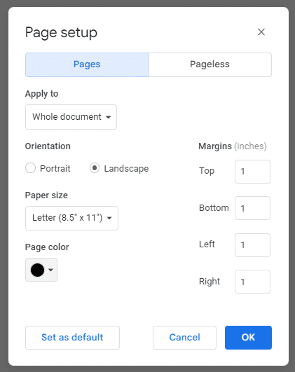 Page setup settings