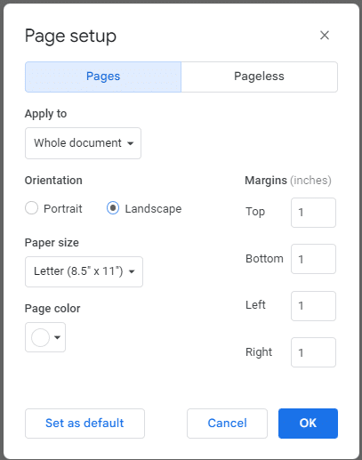 Page setup settings