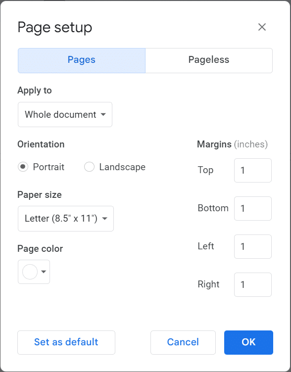 Page setup settings