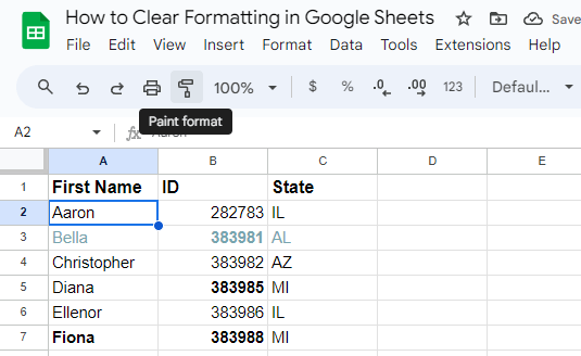 Where to find the Paint Format button in Google Sheets