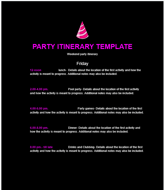 Party Itinerary Template