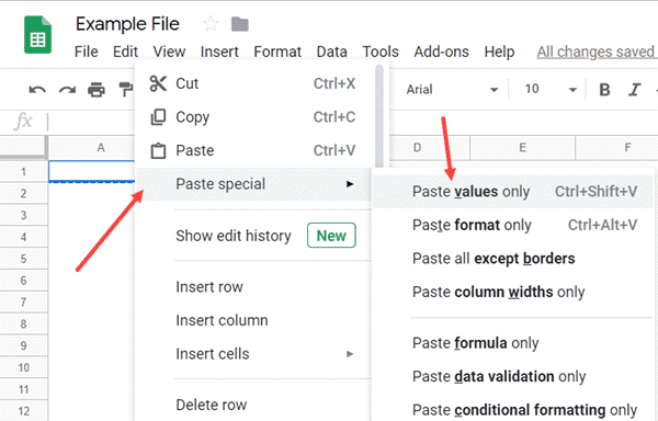 Paste Values as in Google Sheets