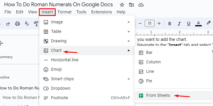 Chart option in Google Docs under the insert menu