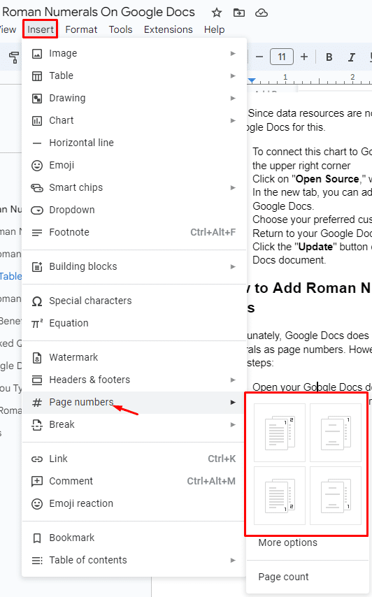 Using Roman numerals for page numbers in GDocs