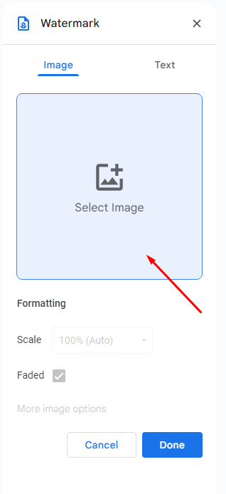 Where to find the select image section under watermark in Google Docs