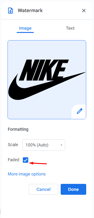 Where to find the faded checkbox under watermarks in Google Docs