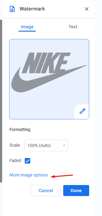 Where to find the more image options under watermarks in Google Docs