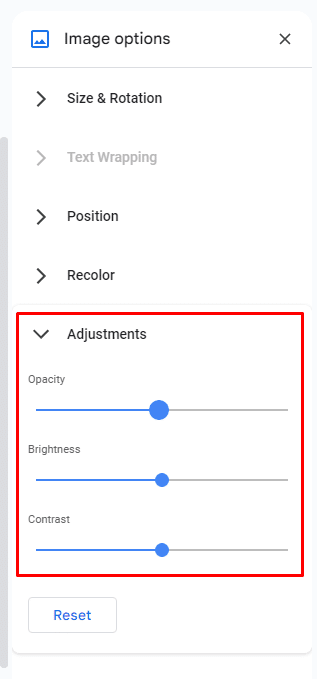 How to adjust the transparency of an image watermark in Google Docs