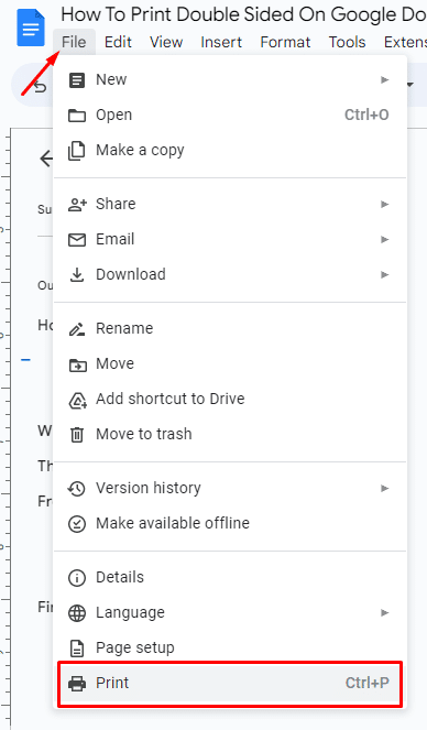 How to print double sided on Google Docs—where to find the print option under file in google docs