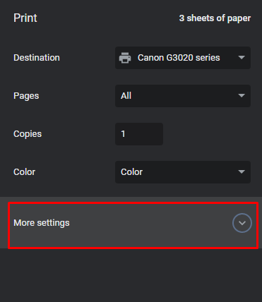 "More settings" option under print in Google Docs