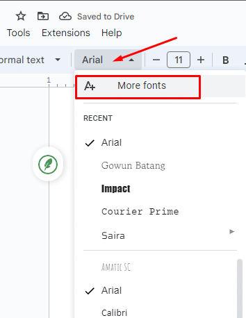 Where to find the more fonts option in Google Docs