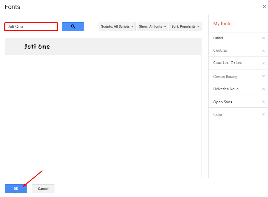 Adding Joti One font to Google Docs