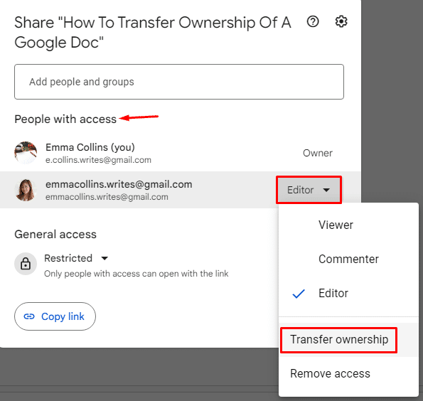 how to give ownership of a google doc