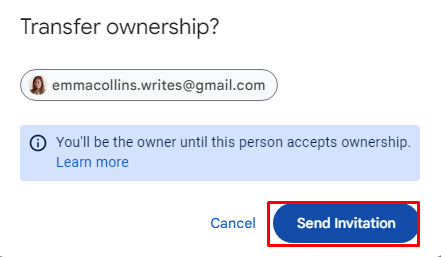 "send invitation" to new google docs owner