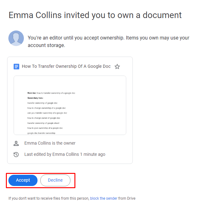 Accept or decline a Google Doc ownership invite