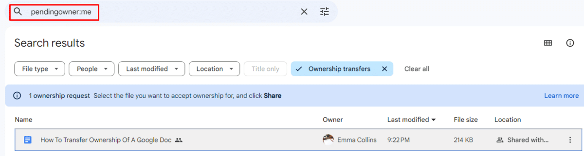 files with pending ownership in Google Drive