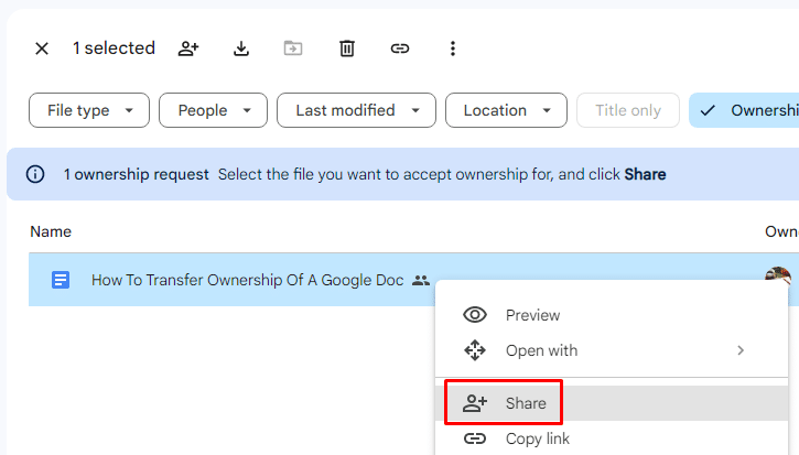 Using the Share option to grant ownership google docs