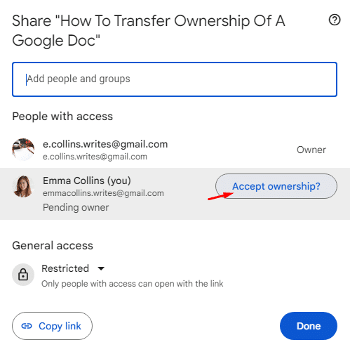 "accept ownership" button in Google Drive