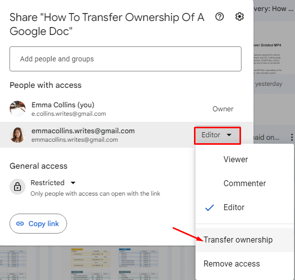 Where to find the transfer ownership feature in Google Drive