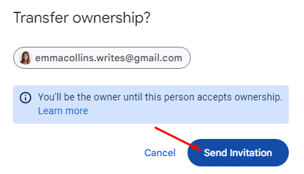 Using the "send invitation" to own the document in Google Docs