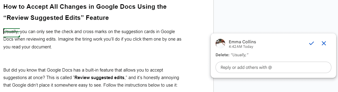 How to accept or reject a suggestion in Google Docs