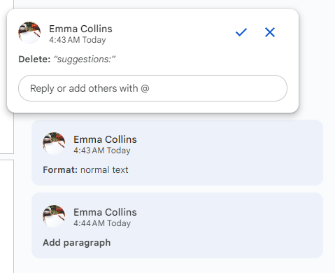 Showing a selected Suggestion card in Google Docs