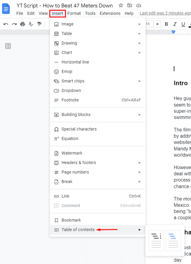 Insert table of contents