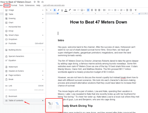 Insert table of contents in google docs