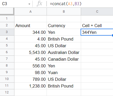 using concat function to append text in google sheets