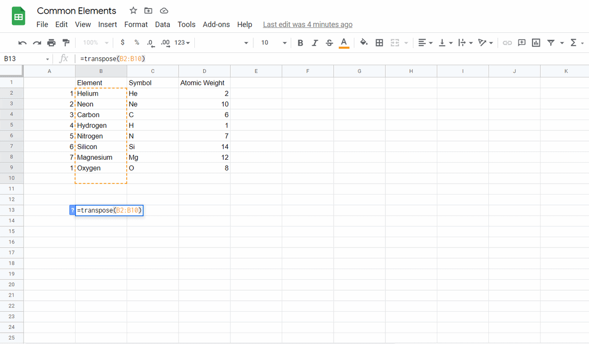 transposing data in google sheets