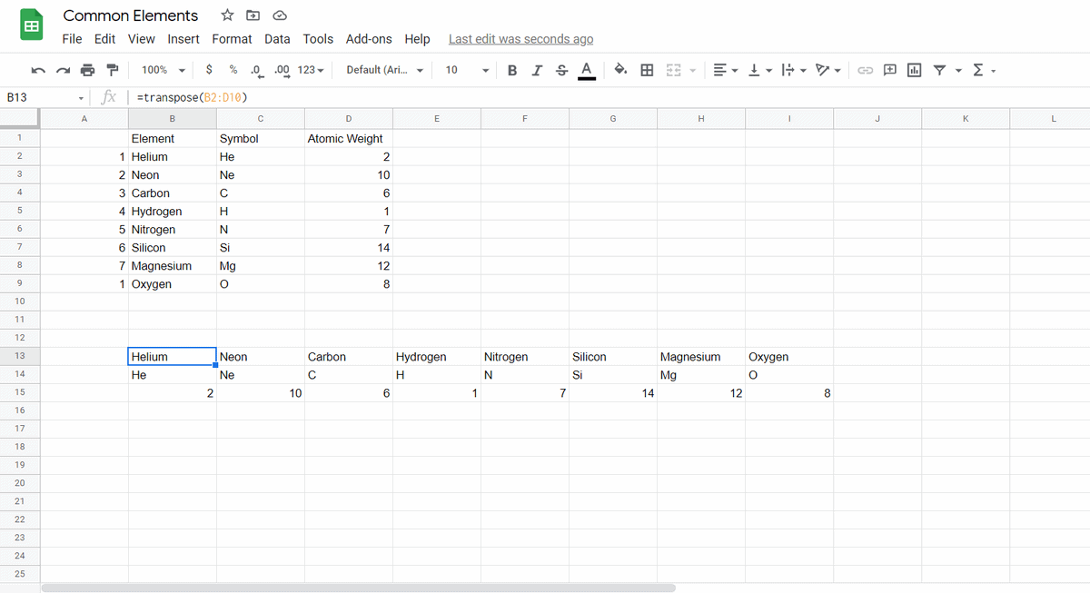 data transposed google sheets