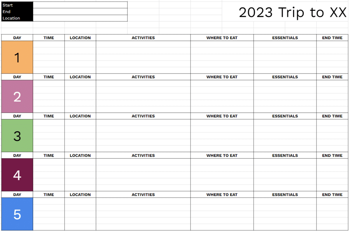 Daily Itinerary Planner Spreadsheet screenshot