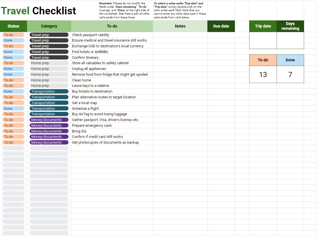 Travel Checklist Template screenshot