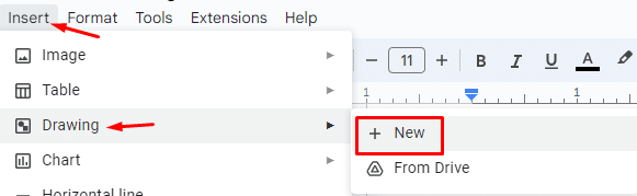 How to insert vertical line in Google Docs—The Drawing tool under the insert menu in Google Docs