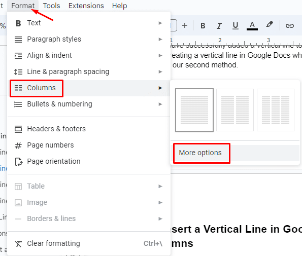 How to insert columns in Google Docs