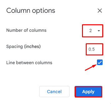 Column options in Google Docs