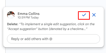 Accept suggestion button in Google Docs