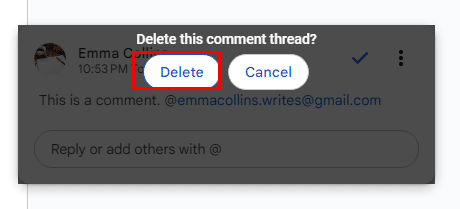 Delete button in Google Docs comment