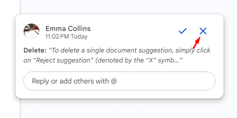 Where to find the Reject suggestion button in Google Docs