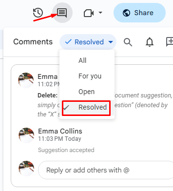 Where to find all resolved comments in Google Docs