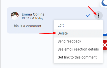 Where to find the delete option in Google Docs comments