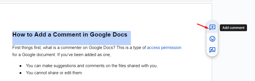 Where to find the add comment button in Google Docs